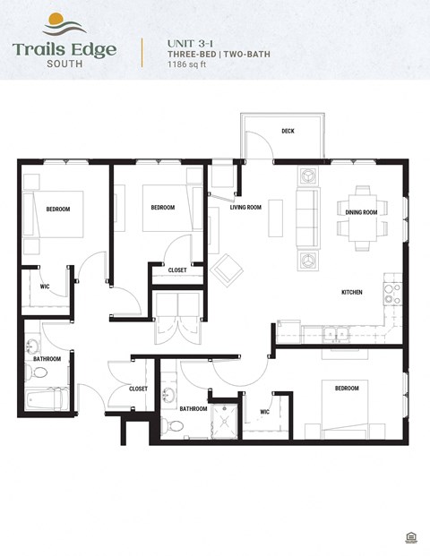 Floor plan for 3 beds, 2 baths, 1186 sqft